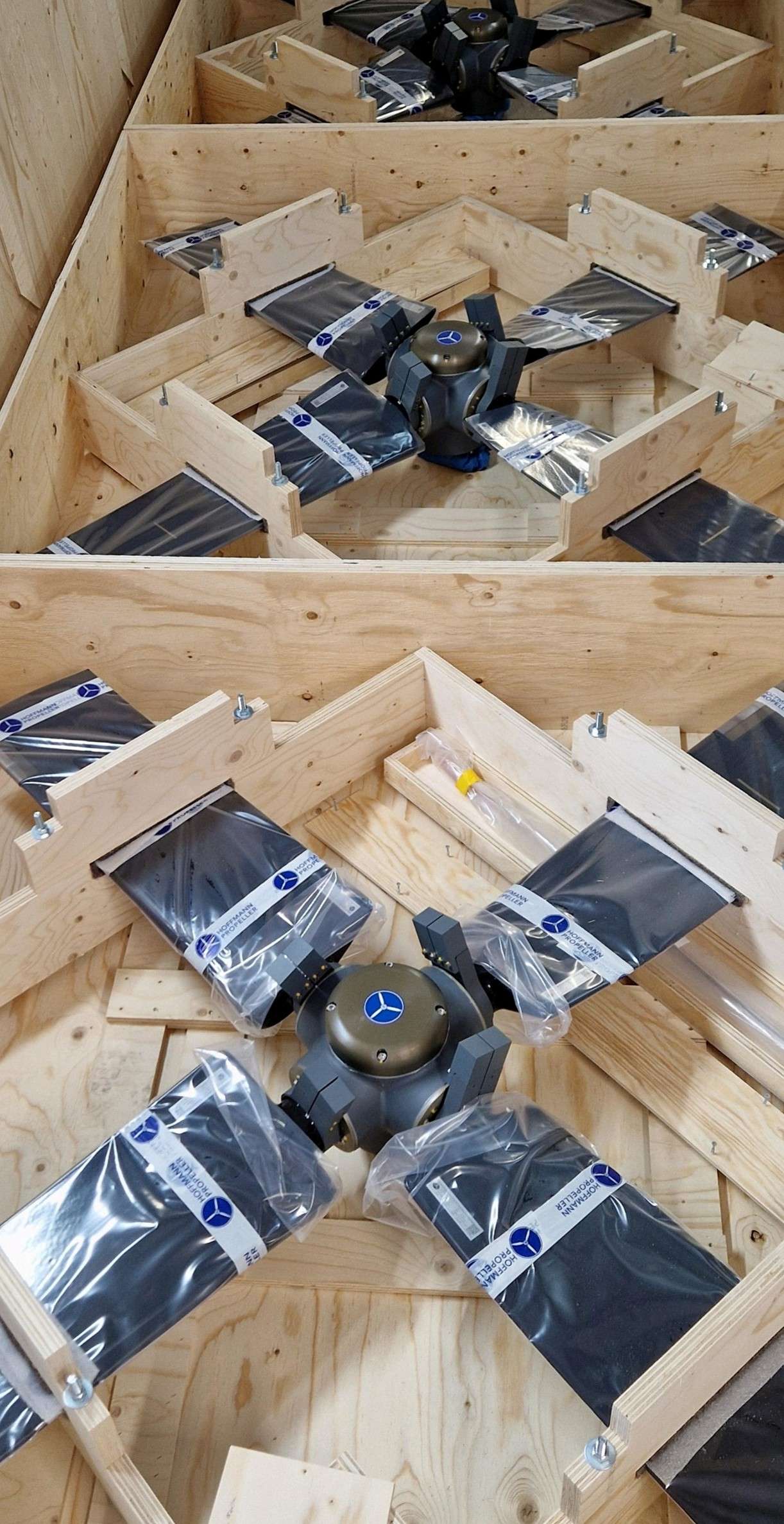 Wooden boxes with packaged propellers for hovercraft